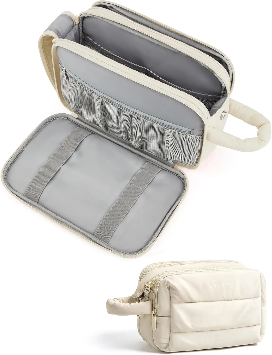 BAGSMART Travel Toiletry Bag for Women, Puffy Cosmetic Makeup Bag Organizer, Large Wide-open Travel Organizer for Toiletries, Dopp Kit Water-resistant Makeup Case for Accessories-Beige