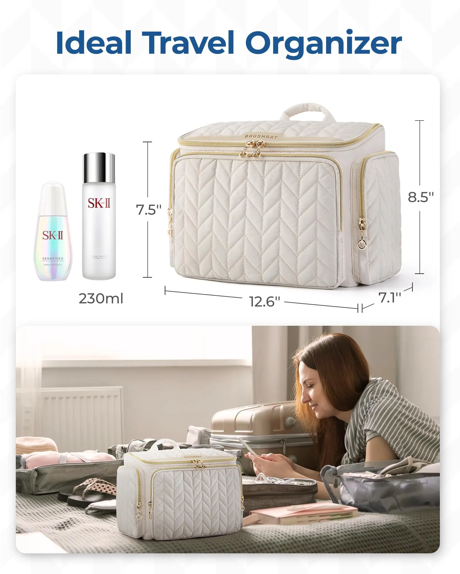 BAGSMART Travel Toiletry Bag, Large Wide-open Travel Bag for Toiletries, Makeup Cosmetic Travel Bag with Handle-Beige