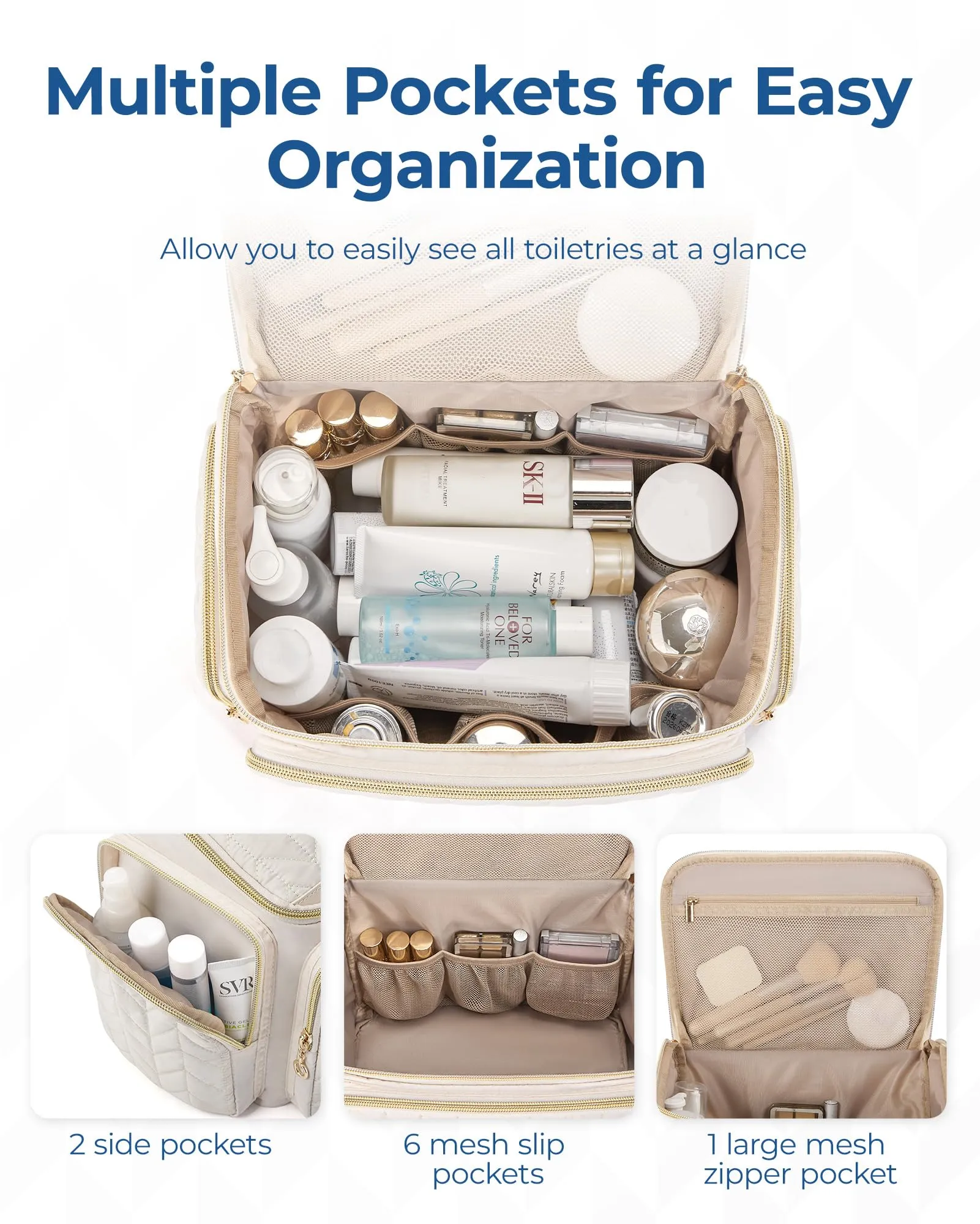 BAGSMART Travel Toiletry Bag, Large Wide-open Travel Bag for Toiletries, Makeup Cosmetic Travel Bag with Handle-Beige