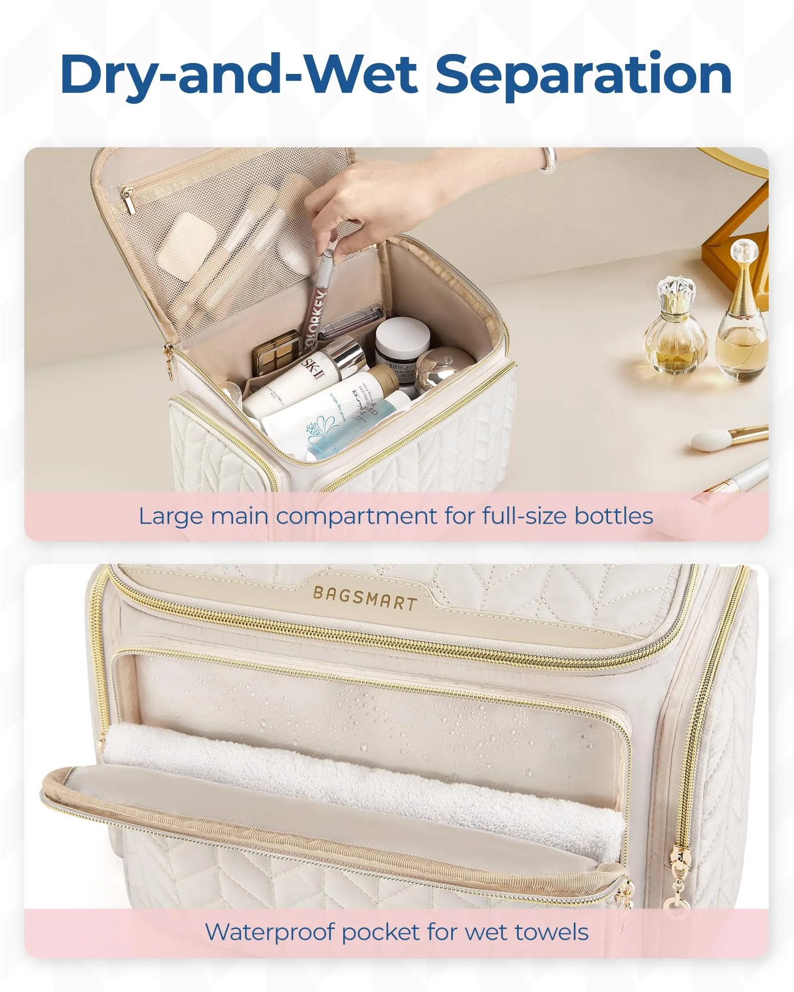 BAGSMART Travel Toiletry Bag, Large Wide-open Travel Bag for Toiletries, Makeup Cosmetic Travel Bag with Handle-Beige