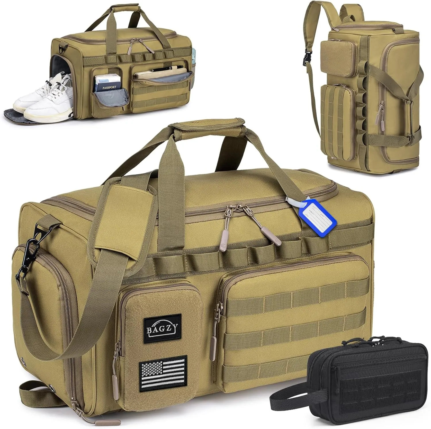 BAGZY Tactical Gym Bags for Men 3 In 1 Travel Duffle Bag 40L with Shoe Compartment Travel Backpack Fitness Weekender Deployment with 1pcs Tactical Toiletry Bag Khaki