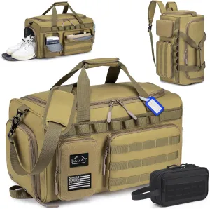 BAGZY Tactical Gym Bags for Men 3 In 1 Travel Duffle Bag 40L with Shoe Compartment Travel Backpack Fitness Weekender Deployment with 1pcs Tactical Toiletry Bag Khaki