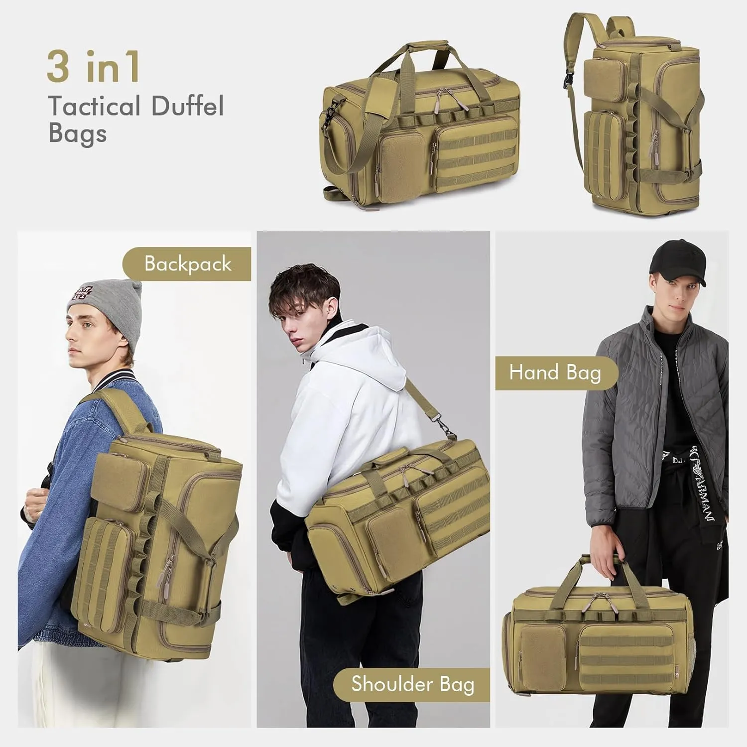 BAGZY Tactical Gym Bags for Men 3 In 1 Travel Duffle Bag 40L with Shoe Compartment Travel Backpack Fitness Weekender Deployment with 1pcs Tactical Toiletry Bag Khaki
