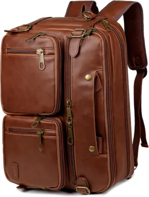 Baosha Leather Laptop Briefcase Backpack Hybrid Large 17 inch Laptop bag Travel Carry on Backpack Vintage for Men HB-22 (Brown)