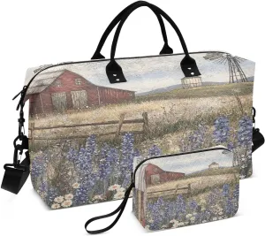 Barn Lupines Field Beige Sports Gym Bag for Women Men Travel Duffel Bag Weekend Overnight Carry on Bag with Toiletry Bag Workout Dance Bag for Hospital Plane Swimming Yoga Workout