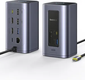 Baseus Docking Station Dual Monitor, Nomos Win Air (12 in 1) Laptop Dock, 2 * 4K HDMI, 10Gbps USB A/C Ports, Gigabit Ethernet, PD 100W, USB C Docking Station for Dell/HP/Lenovo/Asus/Acer/Mac