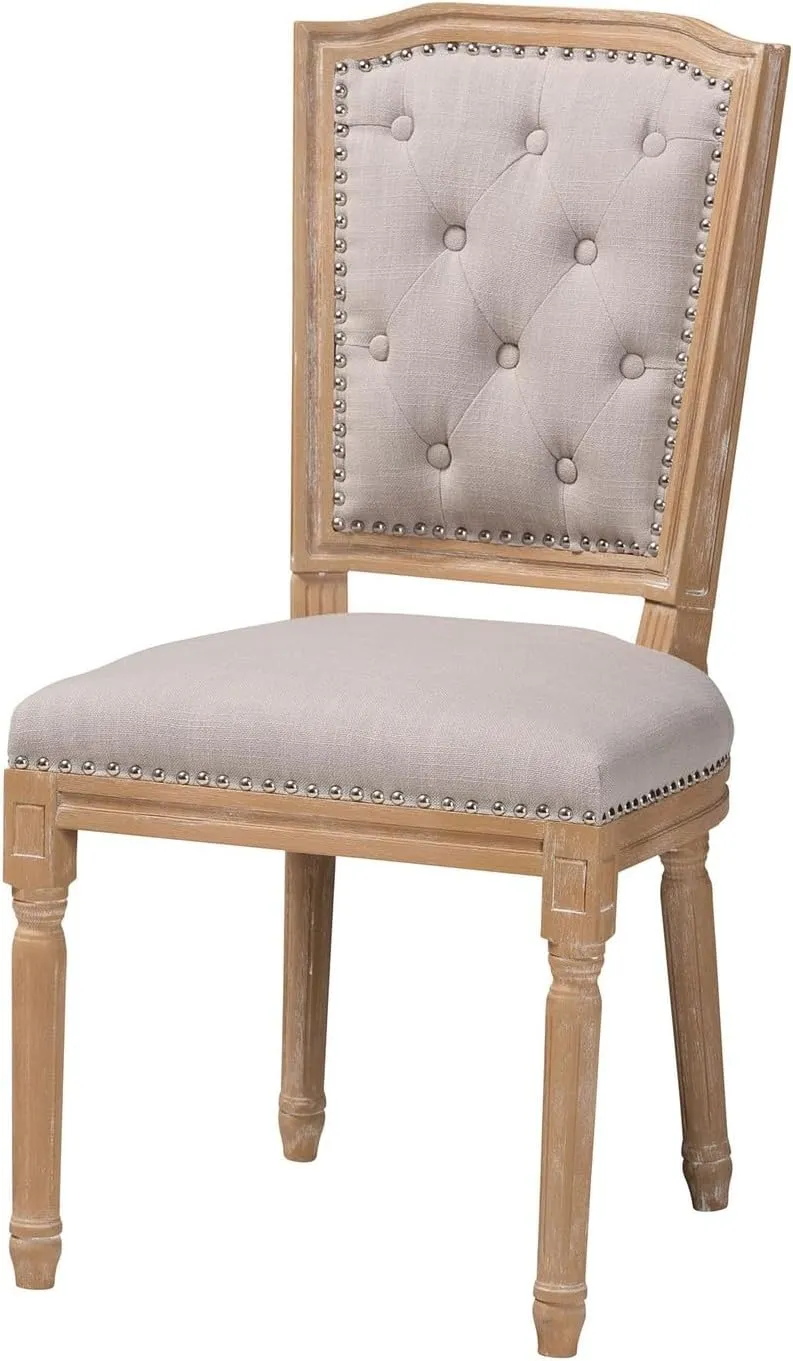 Baxton Studio Estelle Shabby Chic Rustic French Country Cottage Weathered Oak Linen Button Tufted Upholstered Dining Chair, Medium, Beige