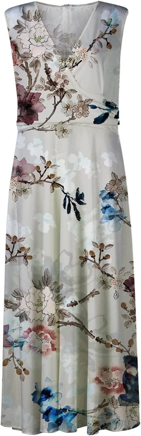 Beach Dresses for Women,Spring Summer Trendy Elegant V Neck Wrap Floral Boho Dress Flowy Ruched Hawaiian Maxi Dress