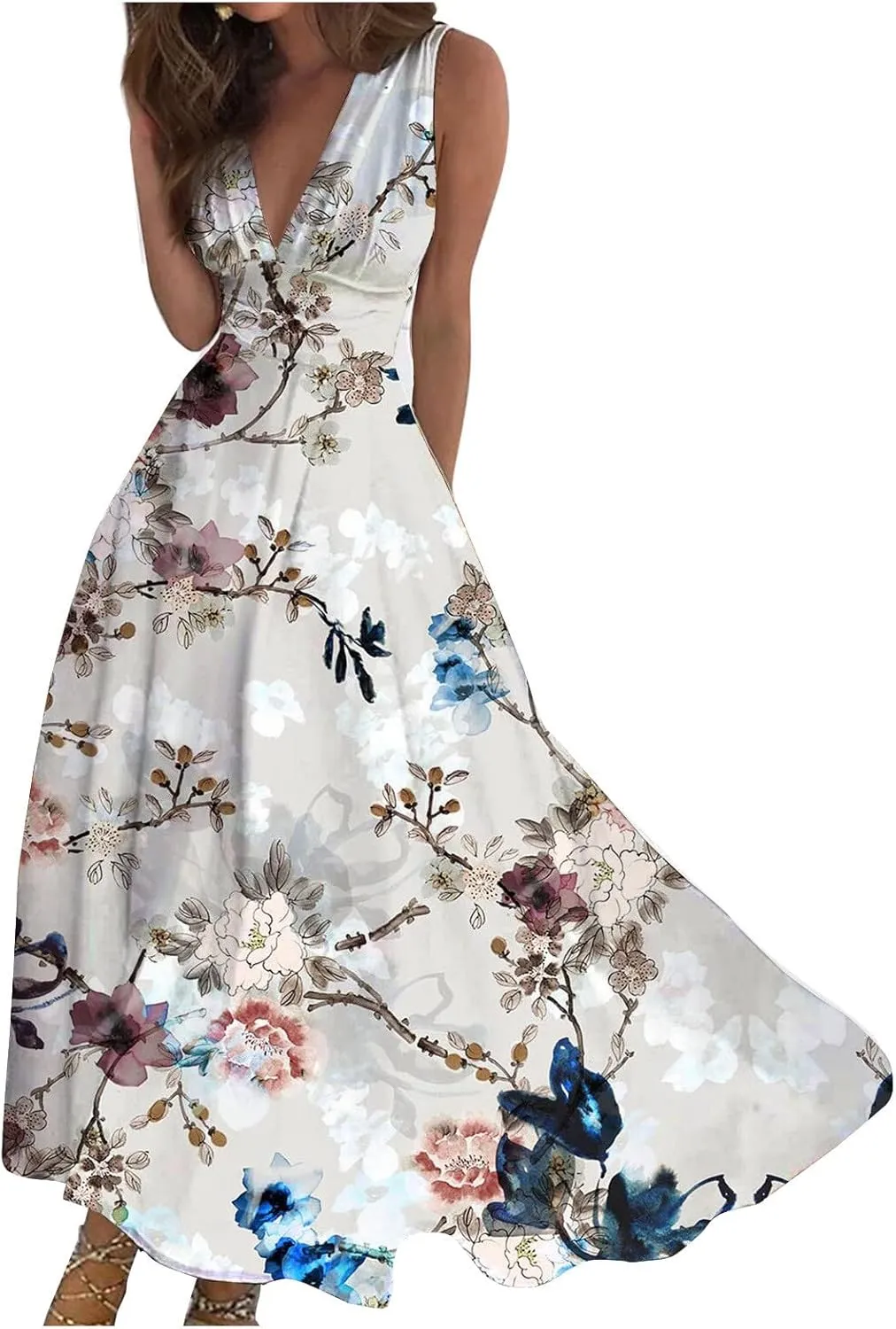 Beach Dresses for Women,Spring Summer Trendy Elegant V Neck Wrap Floral Boho Dress Flowy Ruched Hawaiian Maxi Dress