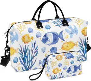 Beach Travel Duffle Bag Gym Bag, Seaweeds Fish Seashells Weekender Bags for Women with Toiletry Bag Travel Tote Bag Swim Bag