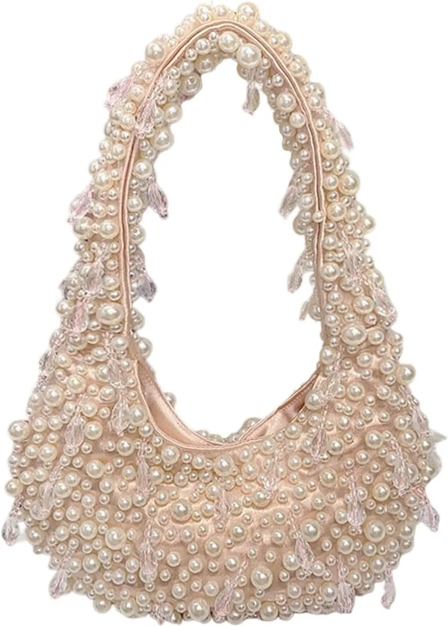 Beaded Pearl Shoulder Bags for Women White Purse Summer Beaded Bag Handmade Hobo Handbag Evening Purse