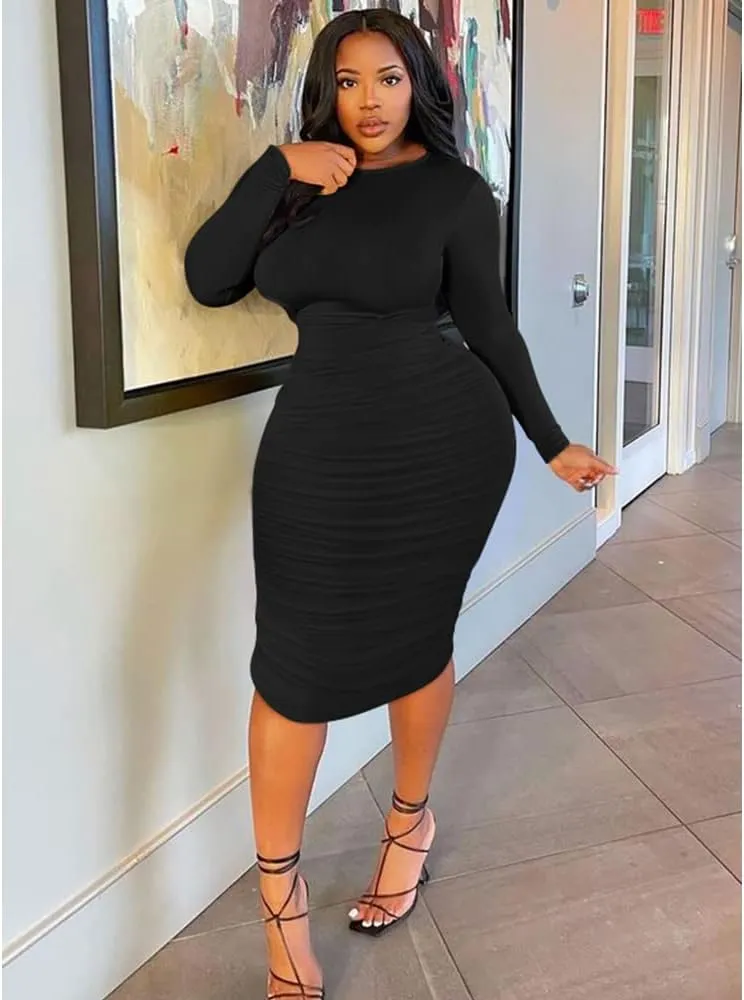 BEAGIMEG Women's Ruched Long Sleeve Elegant Bodycon Basic Casual Midi Dress