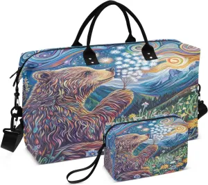 Bear Dandelion Meadow Colorful Sports Gym Bag for Women Men Travel Duffel Bag Weekend Overnight Carry on Bag with Toiletry Bag for Swimming Yoga Plane