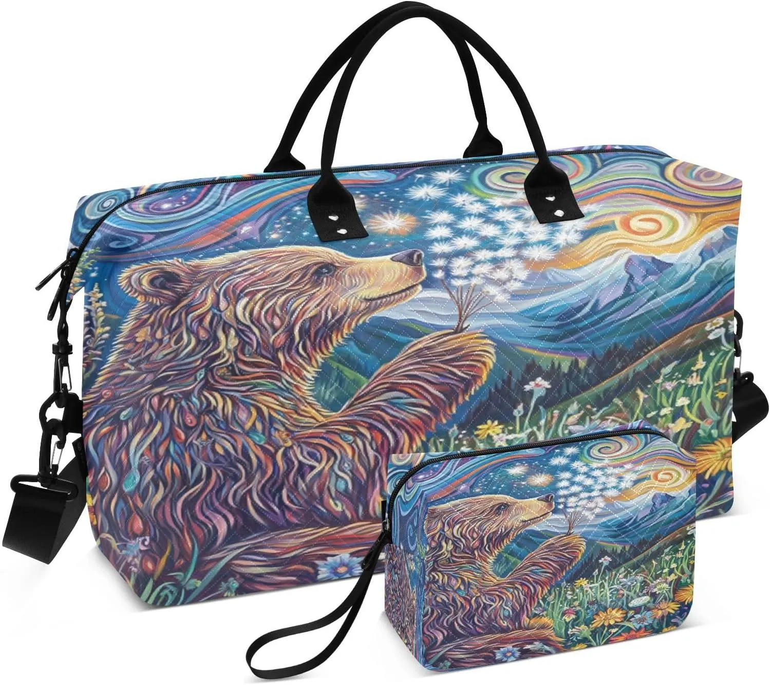 Bear Dandelion Meadow Colorful Sports Gym Bag for Women Men Travel Duffel Bag Weekend Overnight Carry on Bag with Toiletry Bag for Swimming Yoga Plane
