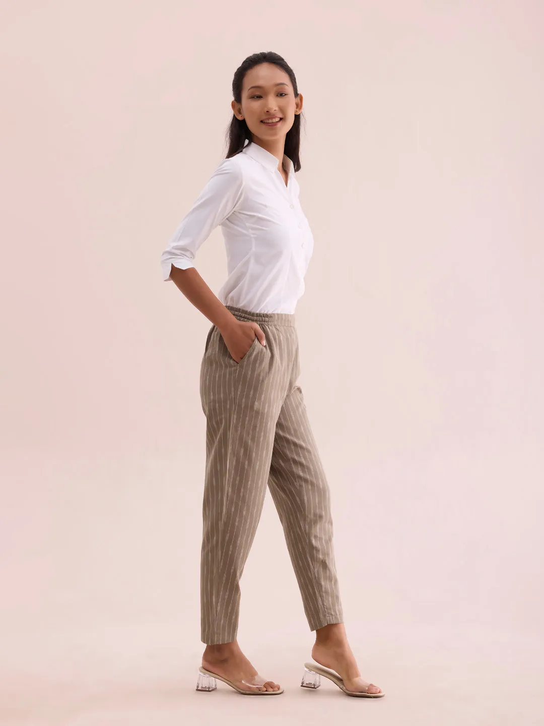 Beige Linen Ikat Pencil Pant
