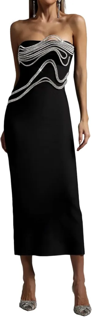 BELLA BARNETT Black Strapless Shining Irregular Silver Wave Chains Cocktail Dress Stylish Visual Impact Bodycon Elegant Dress