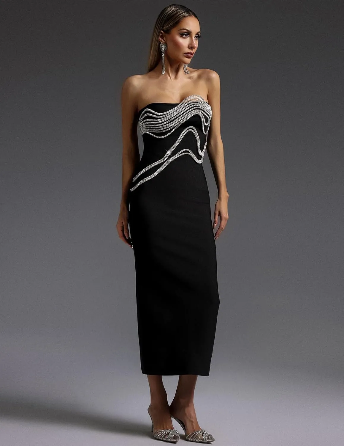 BELLA BARNETT Black Strapless Shining Irregular Silver Wave Chains Cocktail Dress Stylish Visual Impact Bodycon Elegant Dress