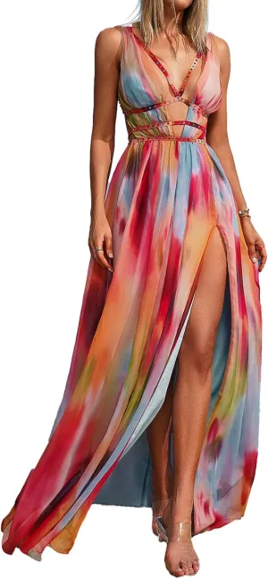 BELLA BARNETT Boho Dress Deep V Chiffon Dress Maxi Garden Party Dress Elegant Dress Loose Vacation Dress
