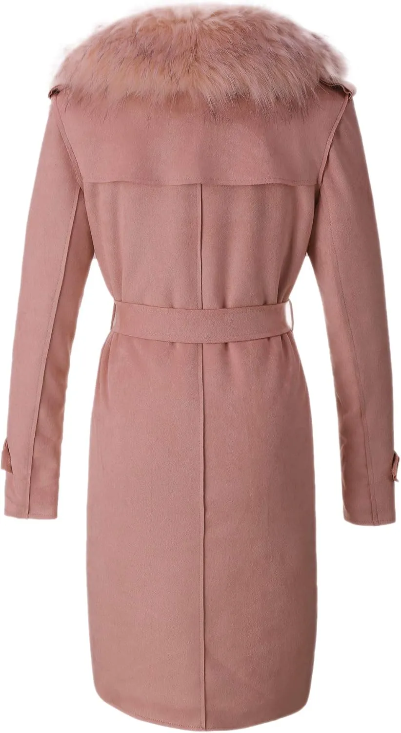 Bellivera Women Faux Leather Trench Coat Fleece-Lined Mid-length Jacket with Detachable Fur Collar
