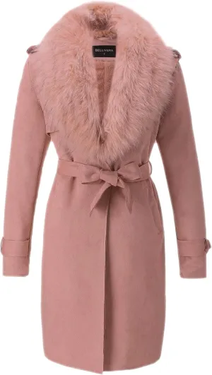 Bellivera Women Faux Leather Trench Coat Fleece-Lined Mid-length Jacket with Detachable Fur Collar