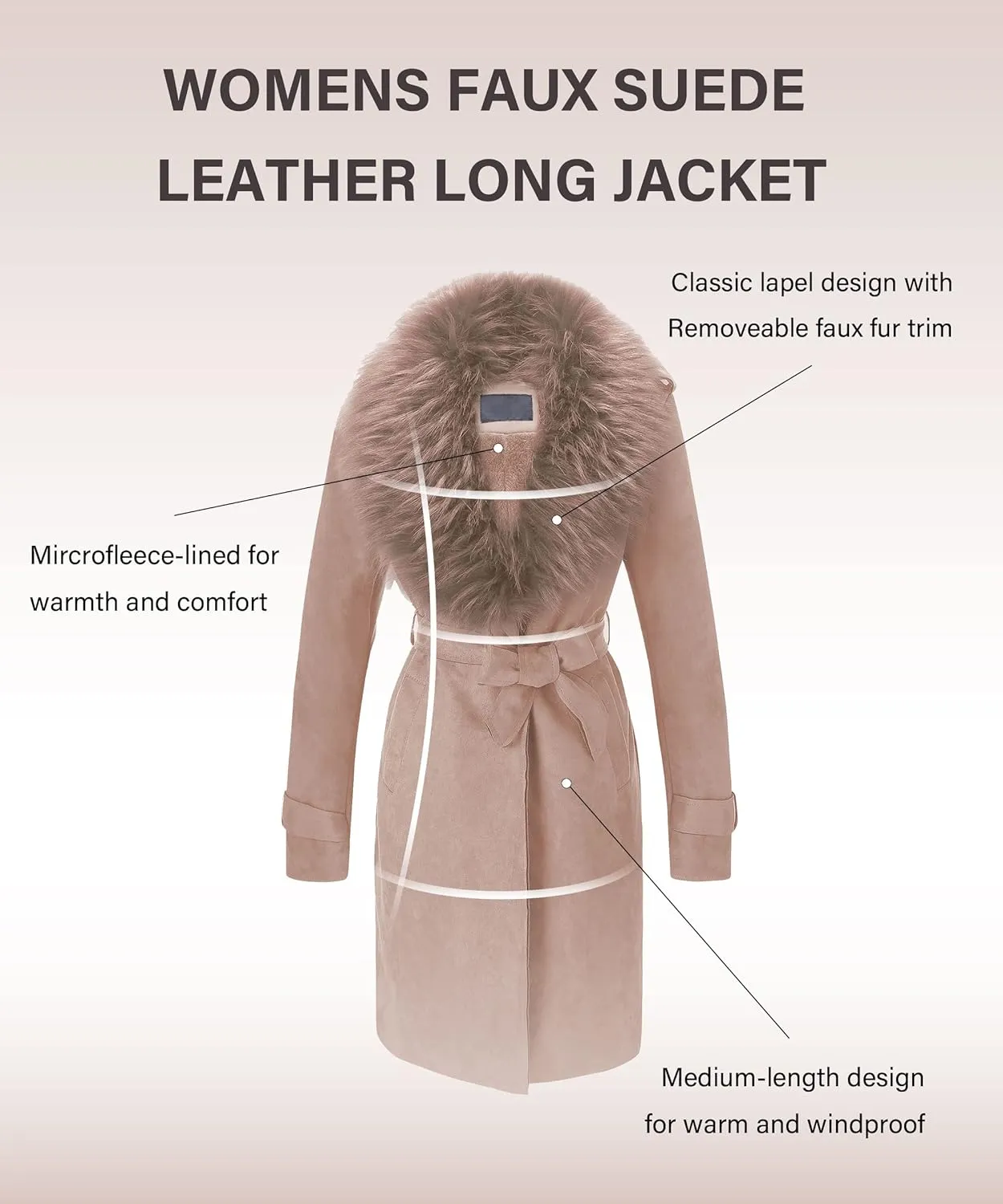 Bellivera Women Faux Leather Trench Coat Fleece-Lined Mid-length Jacket with Detachable Fur Collar