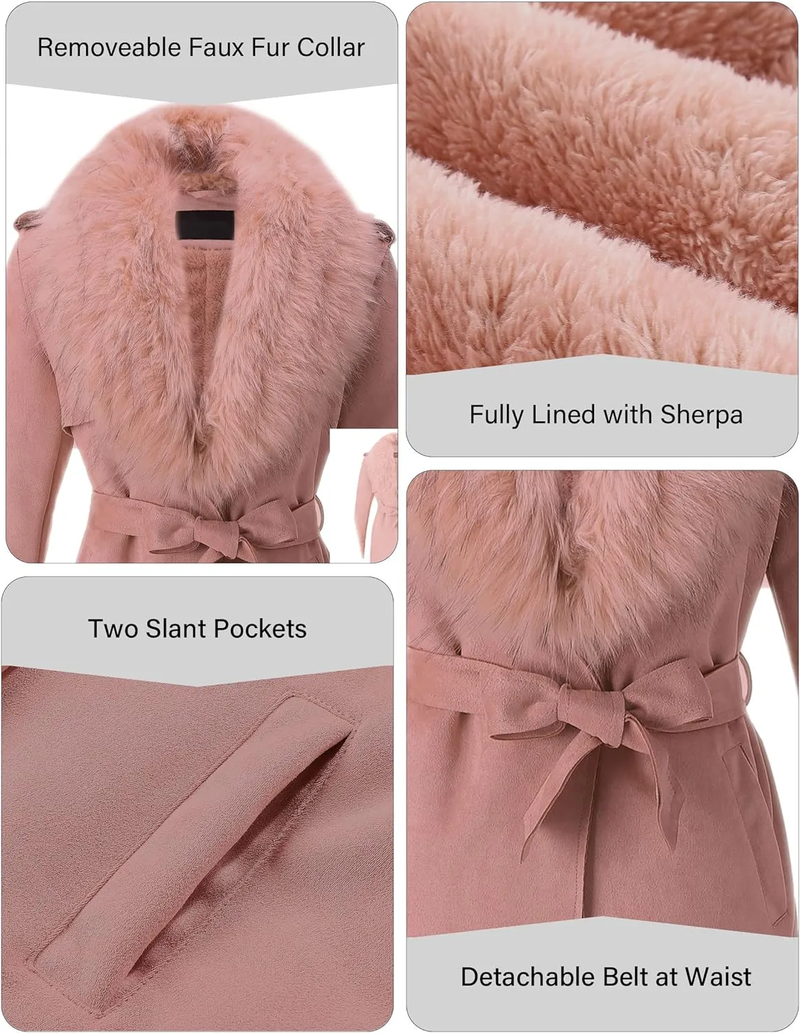 Bellivera Women Faux Leather Trench Coat Fleece-Lined Mid-length Jacket with Detachable Fur Collar