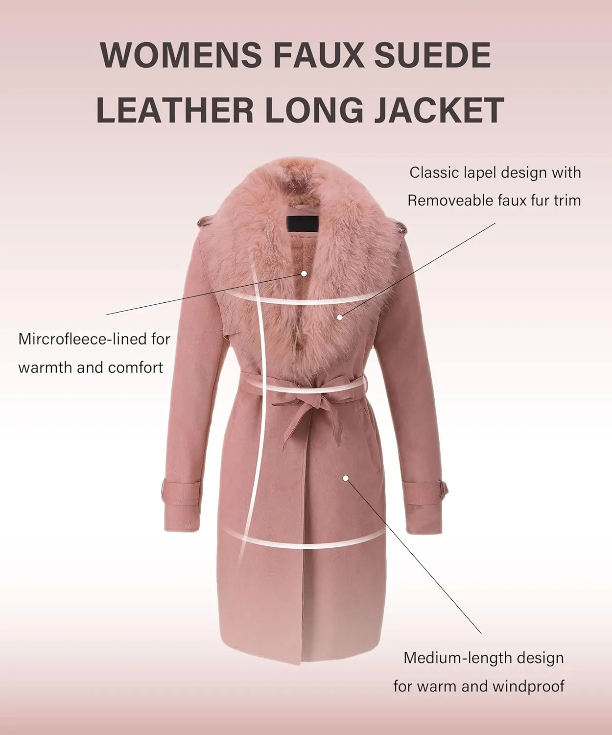 Bellivera Women Faux Leather Trench Coat Fleece-Lined Mid-length Jacket with Detachable Fur Collar