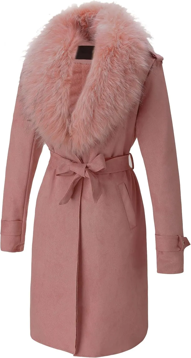 Bellivera Women Faux Leather Trench Coat Fleece-Lined Mid-length Jacket with Detachable Fur Collar