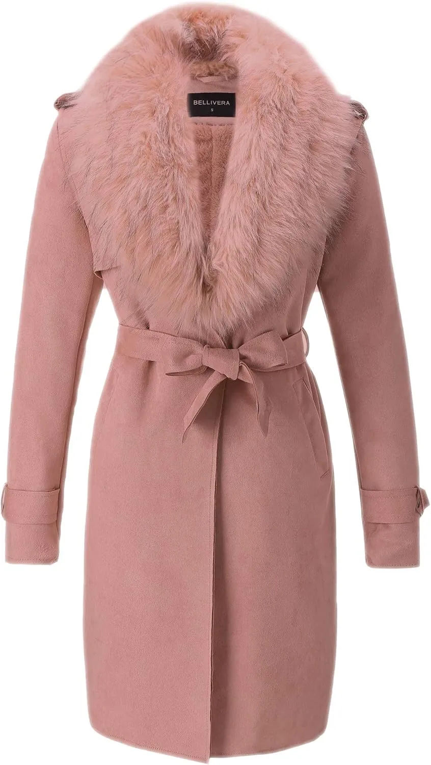 Bellivera Women Faux Leather Trench Coat Fleece-Lined Mid-length Jacket with Detachable Fur Collar