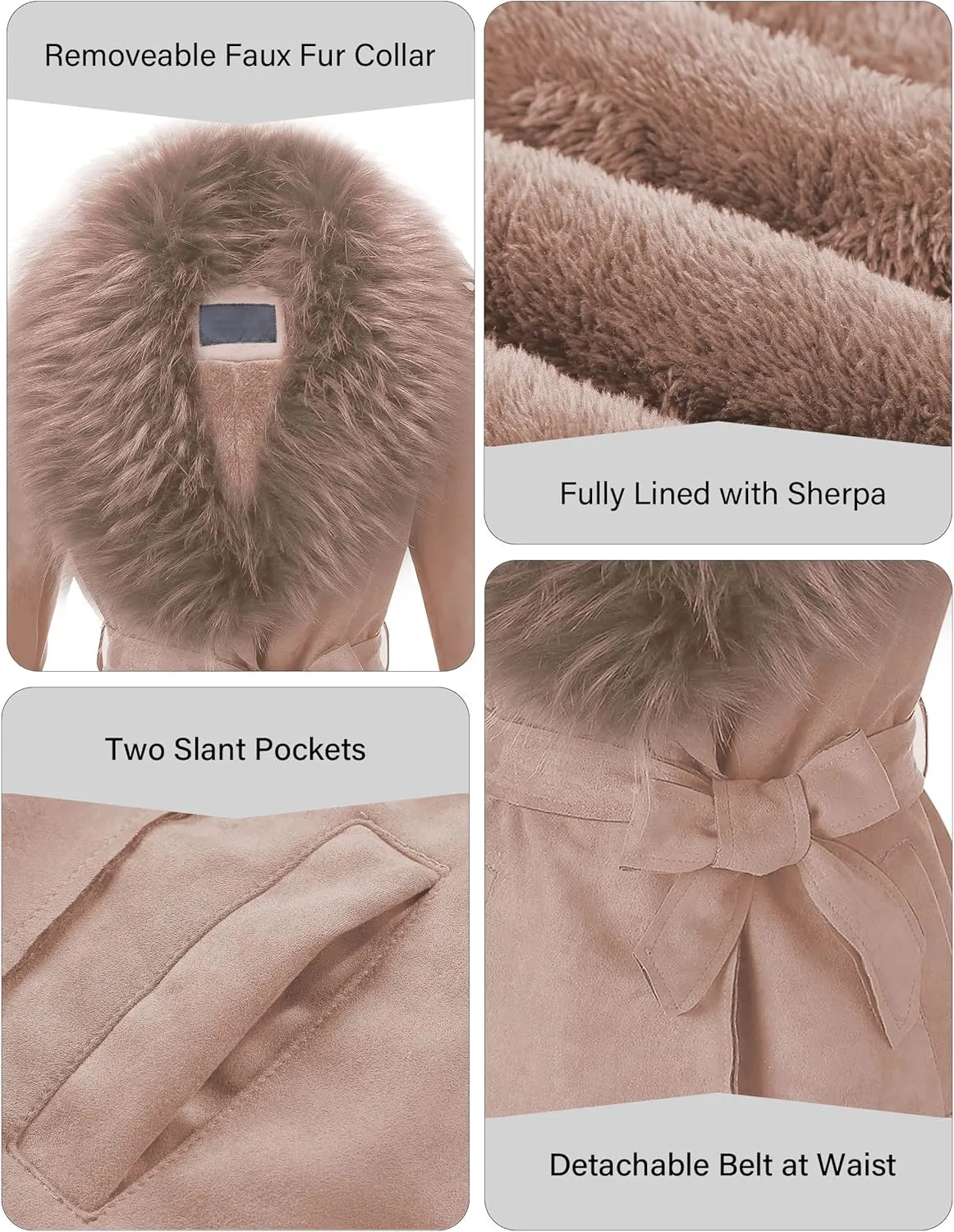 Bellivera Women Faux Leather Trench Coat Fleece-Lined Mid-length Jacket with Detachable Fur Collar