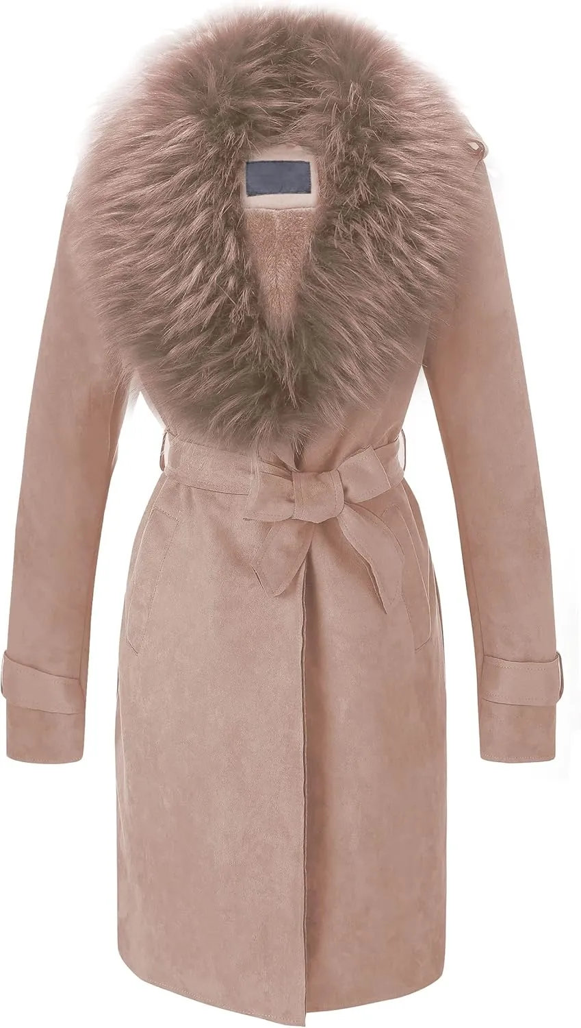 Bellivera Women Faux Leather Trench Coat Fleece-Lined Mid-length Jacket with Detachable Fur Collar
