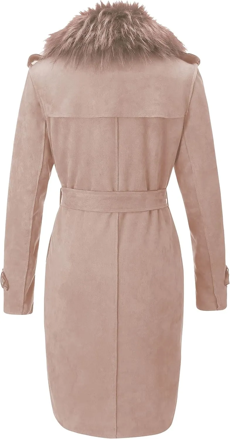 Bellivera Women Faux Leather Trench Coat Fleece-Lined Mid-length Jacket with Detachable Fur Collar