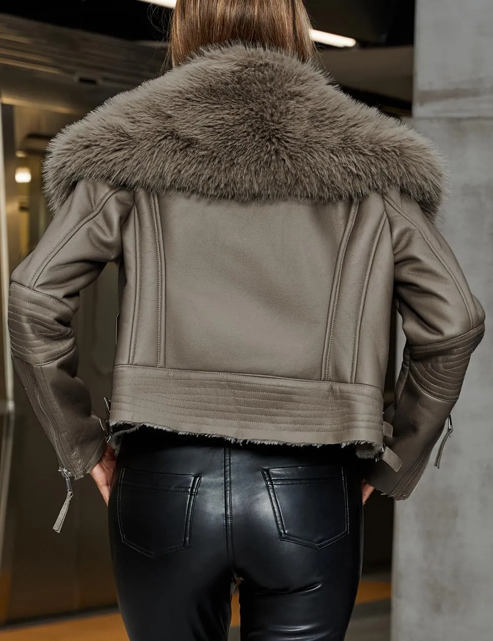 Bellivera Women's Faux Leather Jacket Moto Biker Sherpa-Lined Coat with Removable Fur Collar