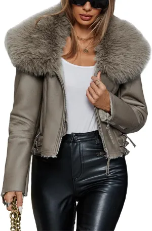 Bellivera Women's Faux Leather Jacket Moto Biker Sherpa-Lined Coat with Removable Fur Collar