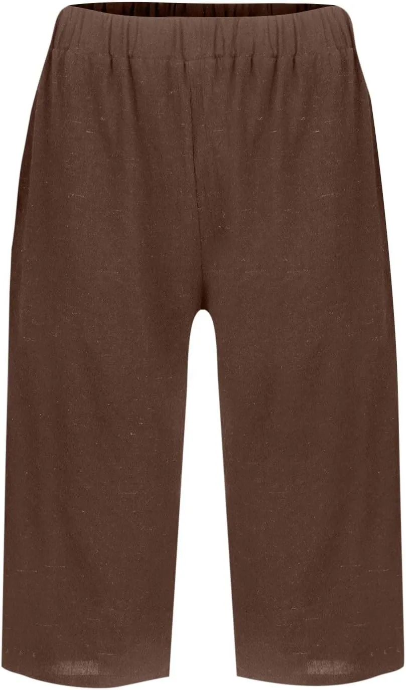 Bermuda Drawstring Beach Shorts Wide Leg Linen Shorts Elastic High Waisted Pleated Casual Loose Bermuda Shorts, Large