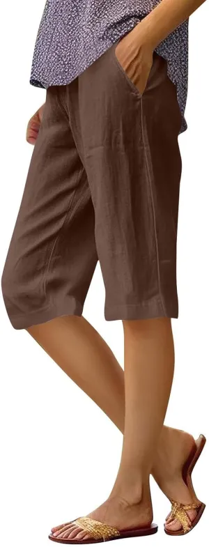 Bermuda Drawstring Beach Shorts Wide Leg Linen Shorts Elastic High Waisted Pleated Casual Loose Bermuda Shorts, Large