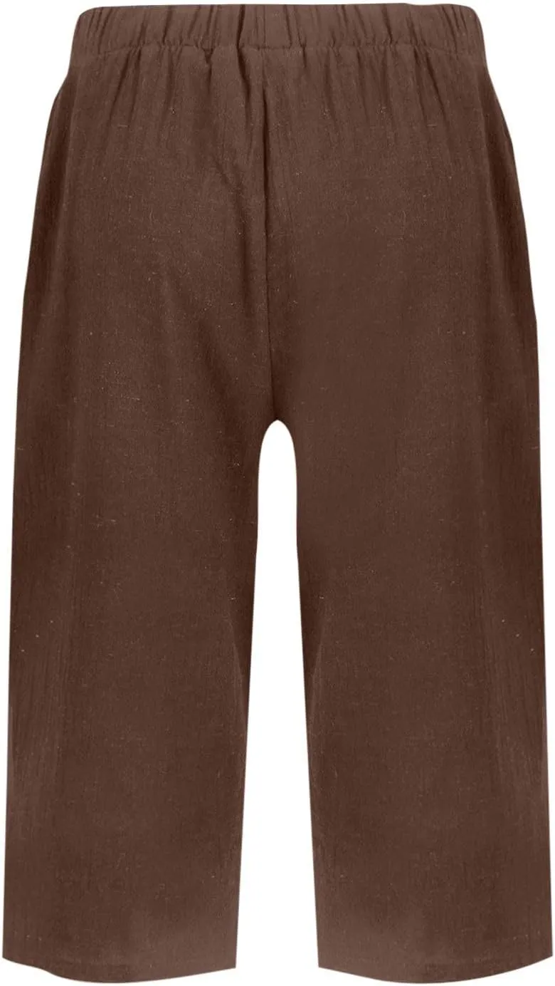 Bermuda Drawstring Beach Shorts Wide Leg Linen Shorts Elastic High Waisted Pleated Casual Loose Bermuda Shorts, Large