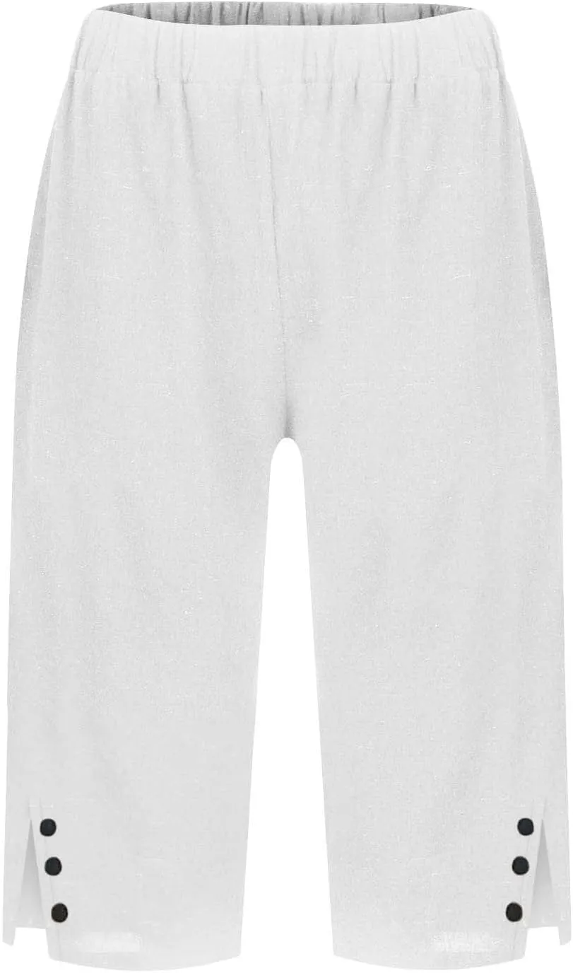 Bermuda Shorts for Women Knee Length Cotton Linen Casual Summer Capri Pants Lightweight Wide Leg Beach Short with Pockets