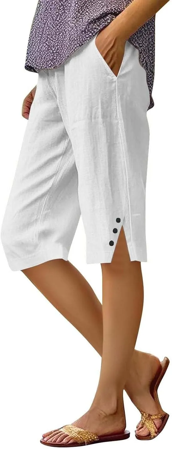 Bermuda Shorts for Women Knee Length Cotton Linen Casual Summer Capri Pants Lightweight Wide Leg Beach Short with Pockets