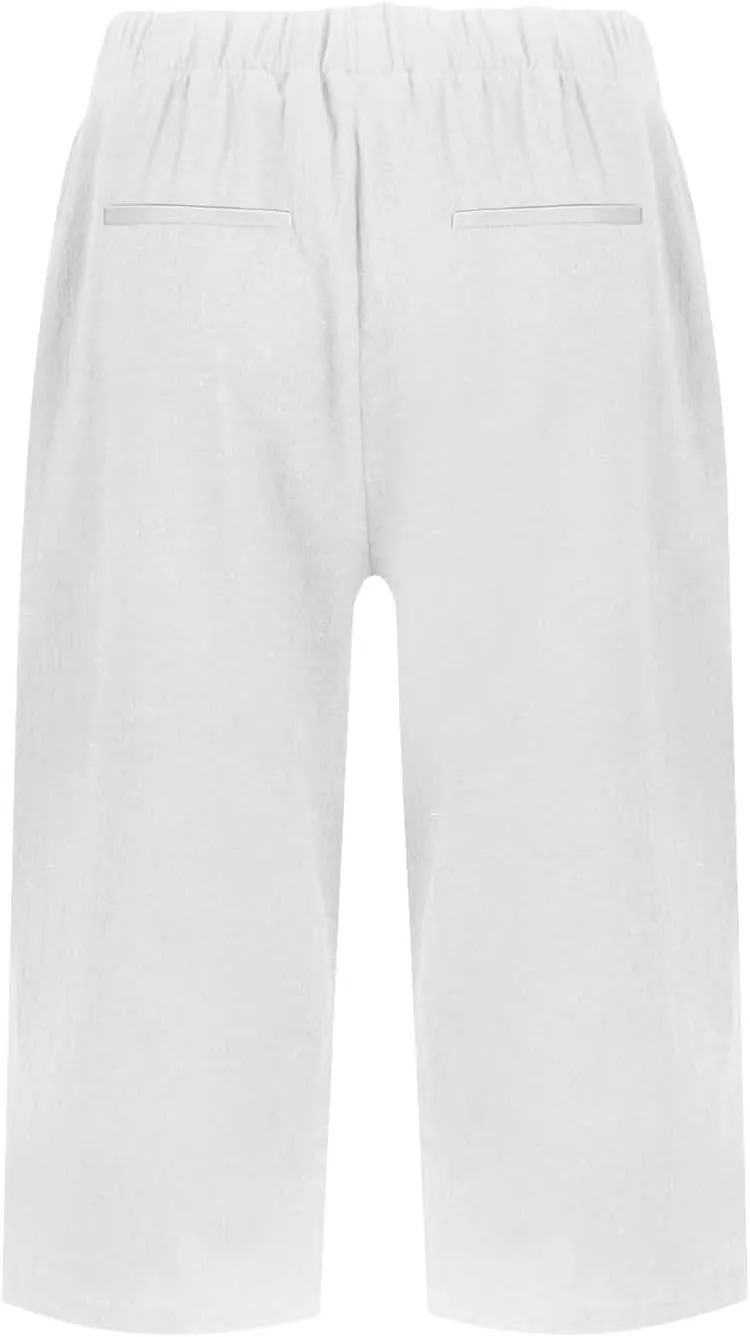 Bermuda Shorts for Women Knee Length Cotton Linen Casual Summer Capri Pants Lightweight Wide Leg Beach Short with Pockets
