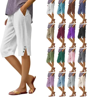 Bermuda Shorts for Women Knee Length Cotton Linen Casual Summer Capri Pants Lightweight Wide Leg Beach Short with Pockets