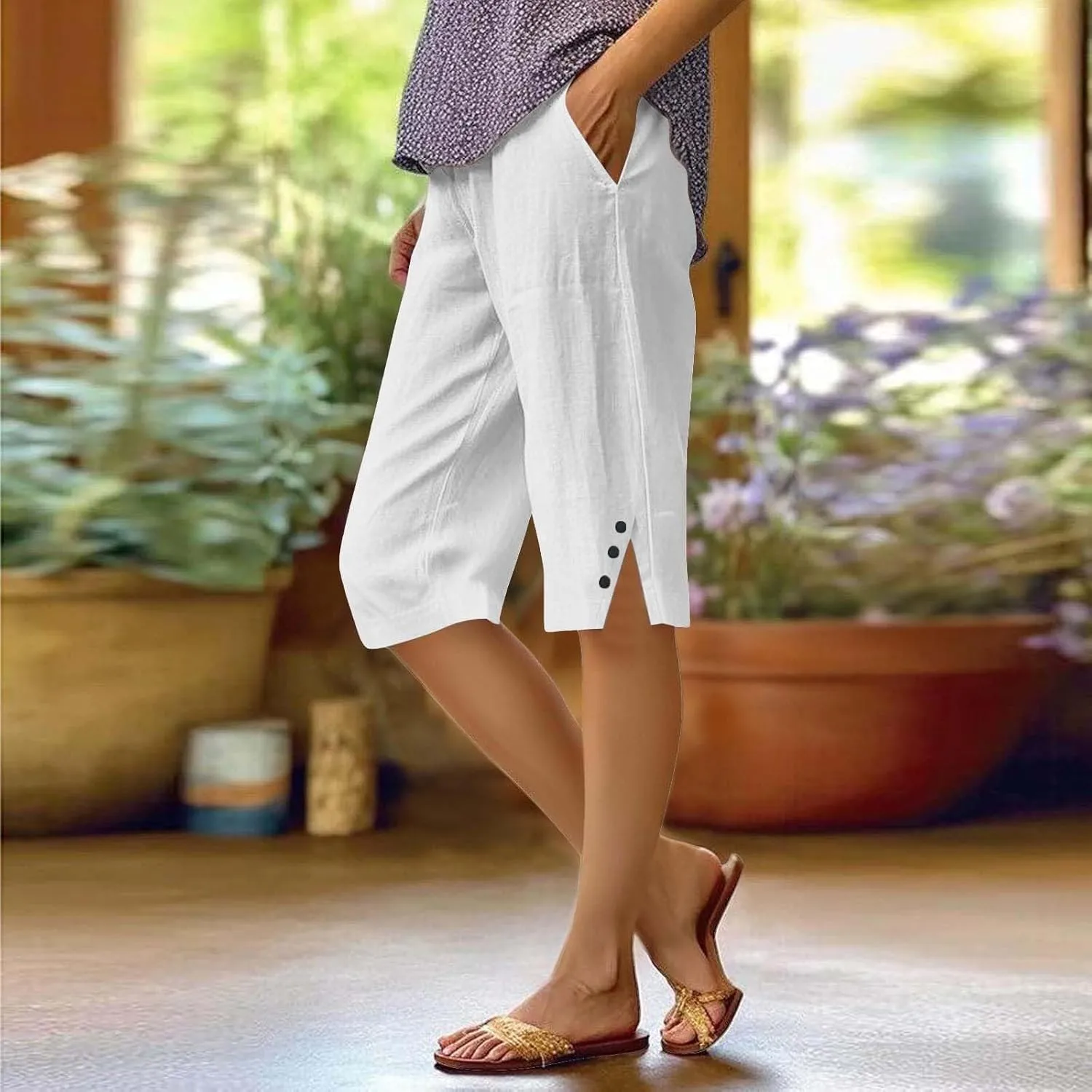 Bermuda Shorts for Women Knee Length Cotton Linen Casual Summer Capri Pants Lightweight Wide Leg Beach Short with Pockets