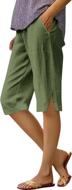 Bermuda Shorts for Women Knee Length Cotton Linen Elastic Waist Mid Thigh Shorts Summer Plus Size Short with Pockets