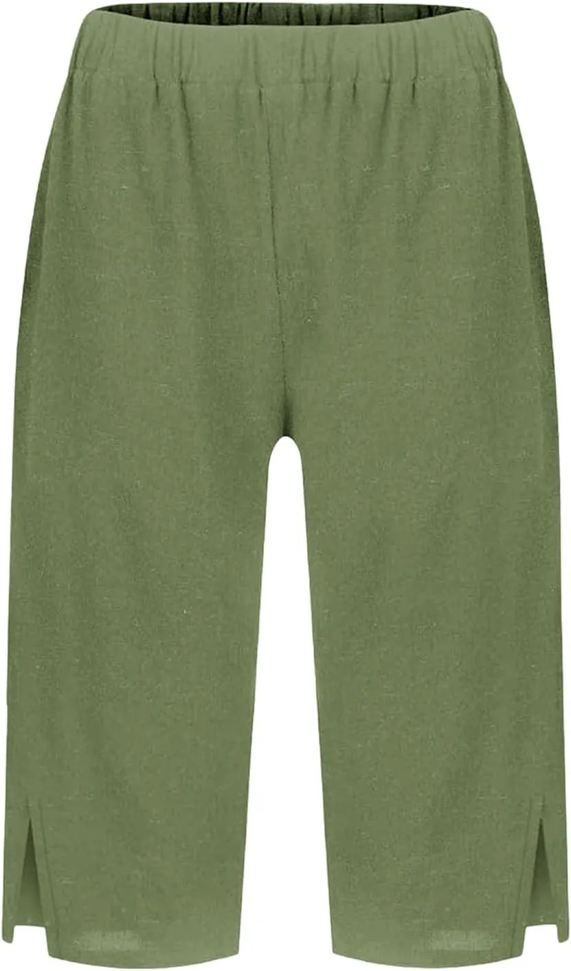 Bermuda Shorts for Women Knee Length Cotton Linen Elastic Waist Mid Thigh Shorts Summer Plus Size Short with Pockets