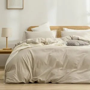 BESTOUCH Duvet Cover Set 100% Washed Cotton Linen Feel Super Soft Comfortable Chic Lightweight 3 PCs Home Bedding Set Solid Almond Milk Grey Queen