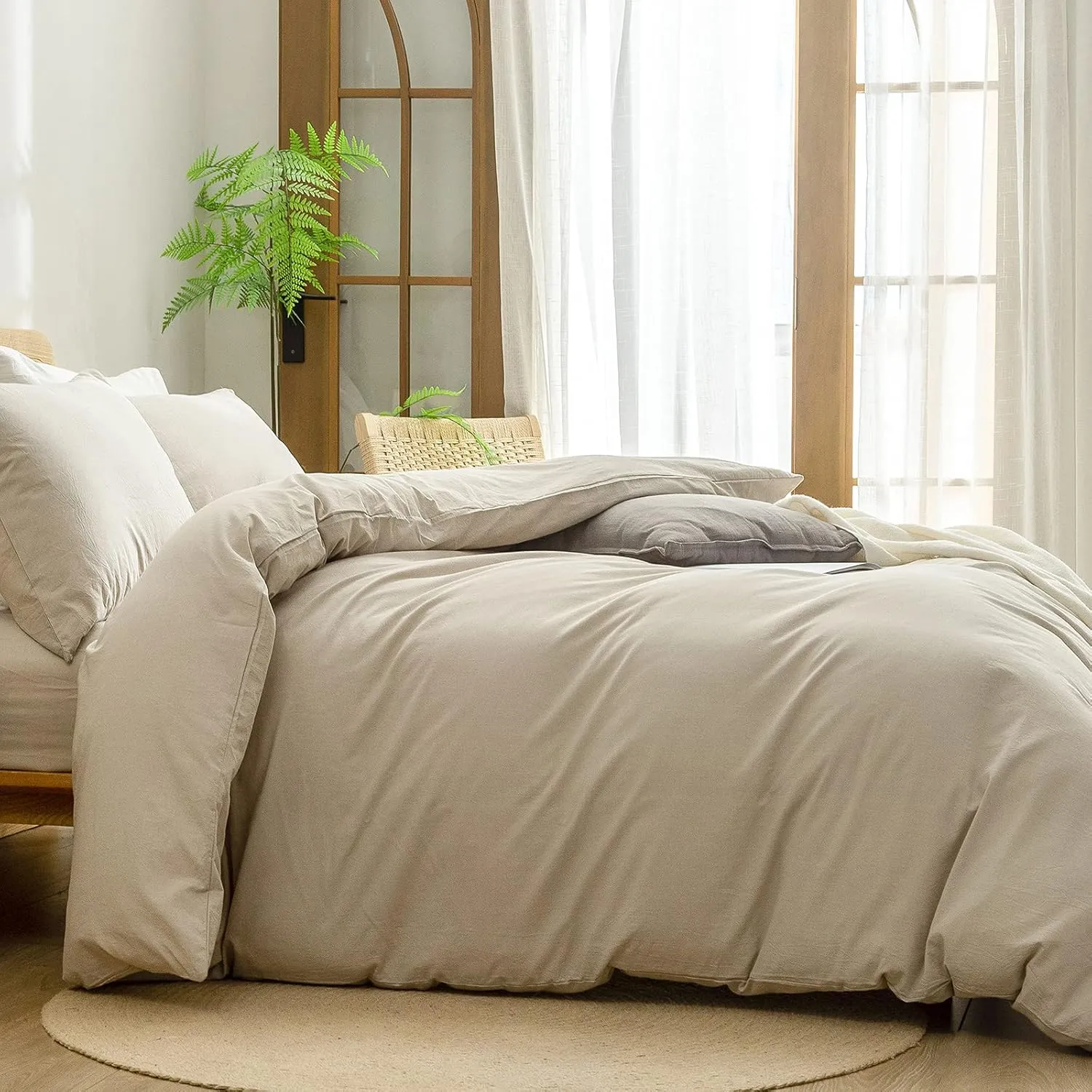 BESTOUCH Duvet Cover Set 100% Washed Cotton Linen Feel Super Soft Comfortable Chic Lightweight 3 PCs Home Bedding Set Solid Almond Milk Grey Queen