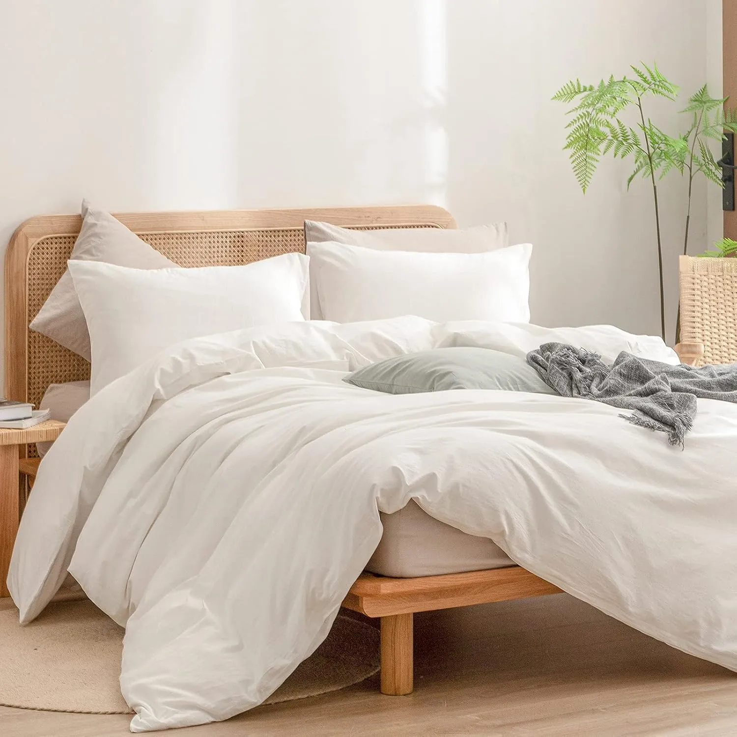 BESTOUCH Duvet Cover Set 100% Washed Cotton Linen Feel Super Soft Comfortable Chic Lightweight 3 PCs Home Bedding Set Solid Off White King