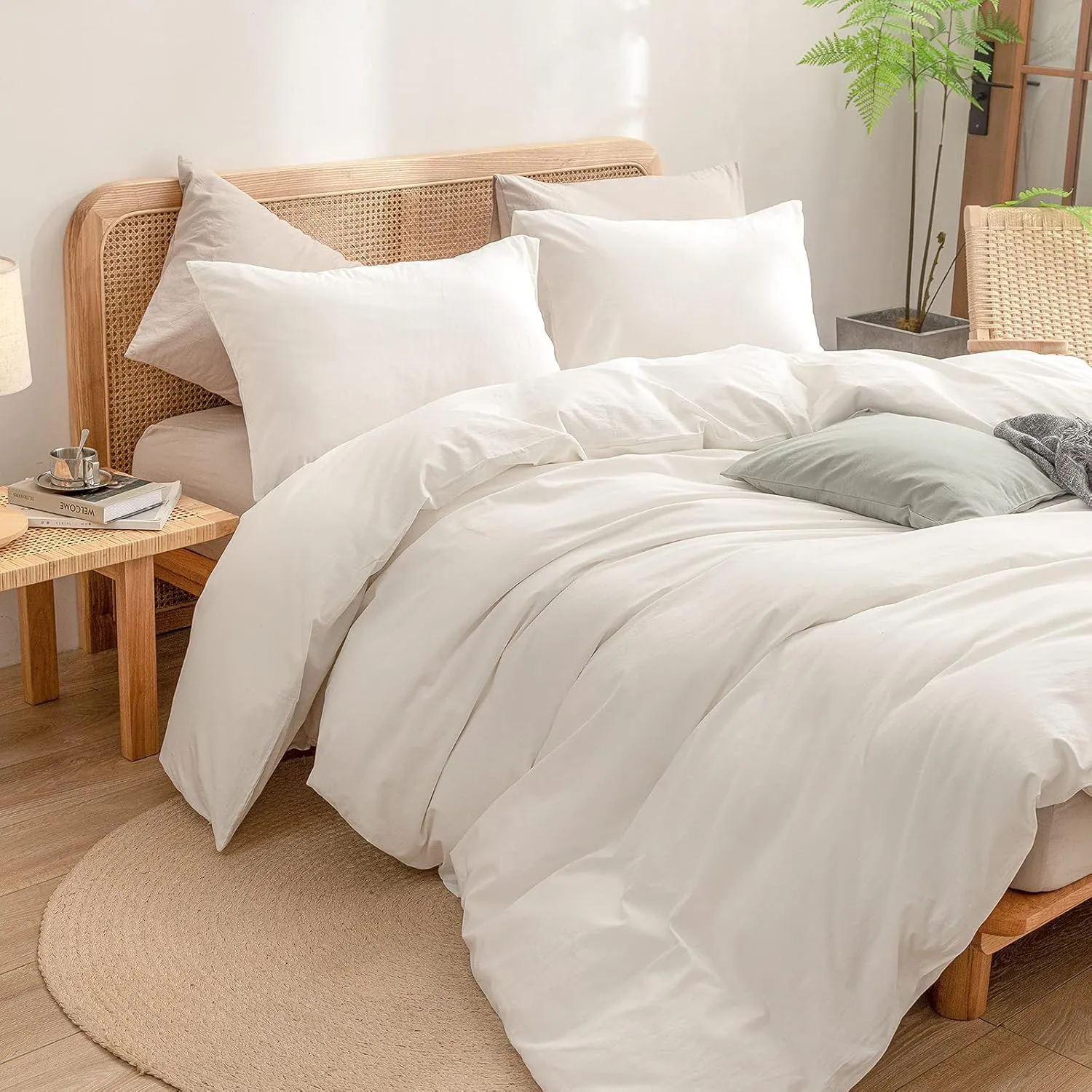 BESTOUCH Duvet Cover Set 100% Washed Cotton Linen Feel Super Soft Comfortable Chic Lightweight 3 PCs Home Bedding Set Solid Off White King