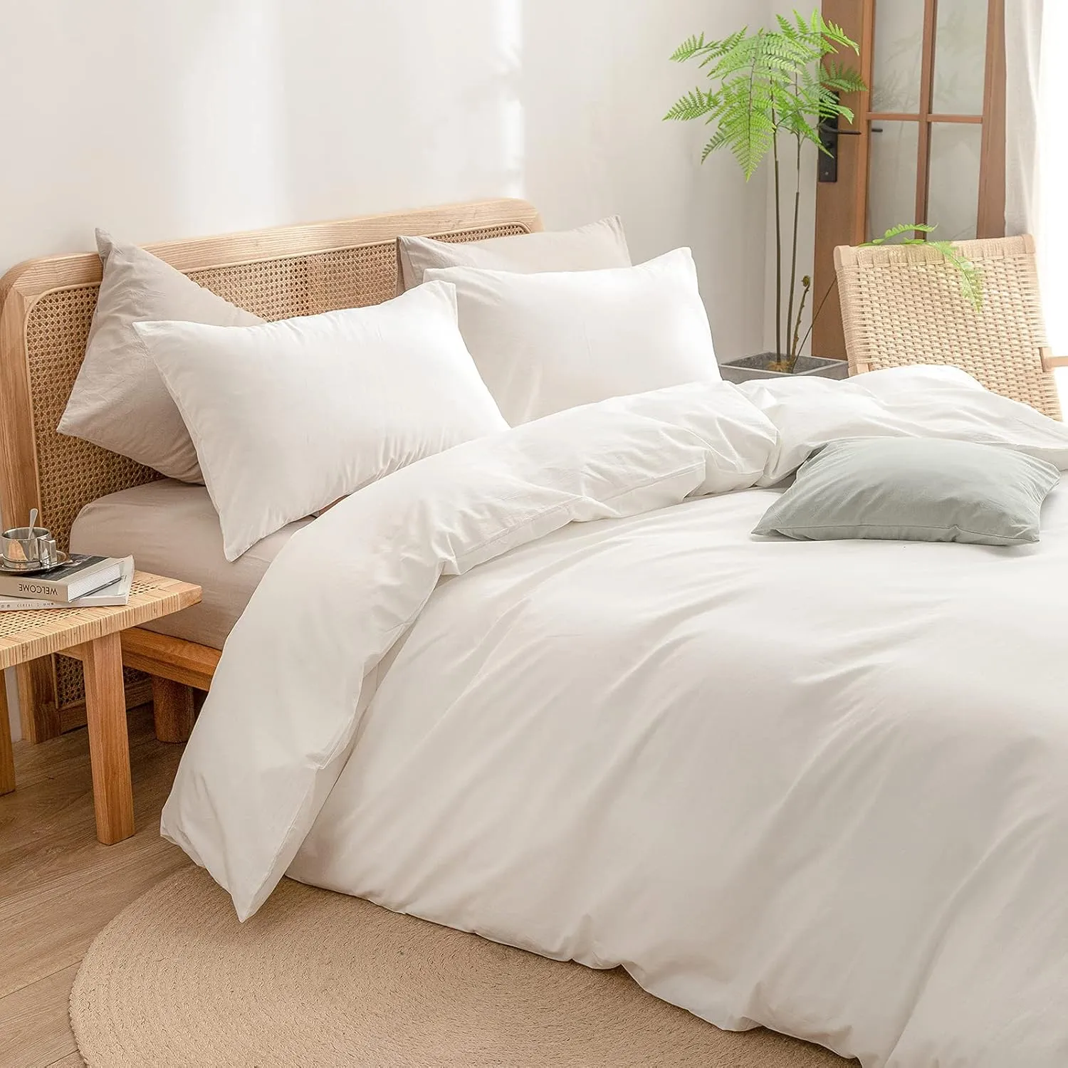 BESTOUCH Duvet Cover Set 100% Washed Cotton Linen Feel Super Soft Comfortable Chic Lightweight 3 PCs Home Bedding Set Solid Off White King