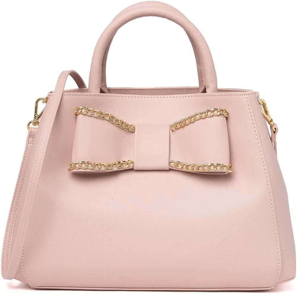 Betsey Johnson Faux Textured Faux Leather W/Gold Toned Chain Bow Fashion Detail Satchel Shoulder Bag Handbag